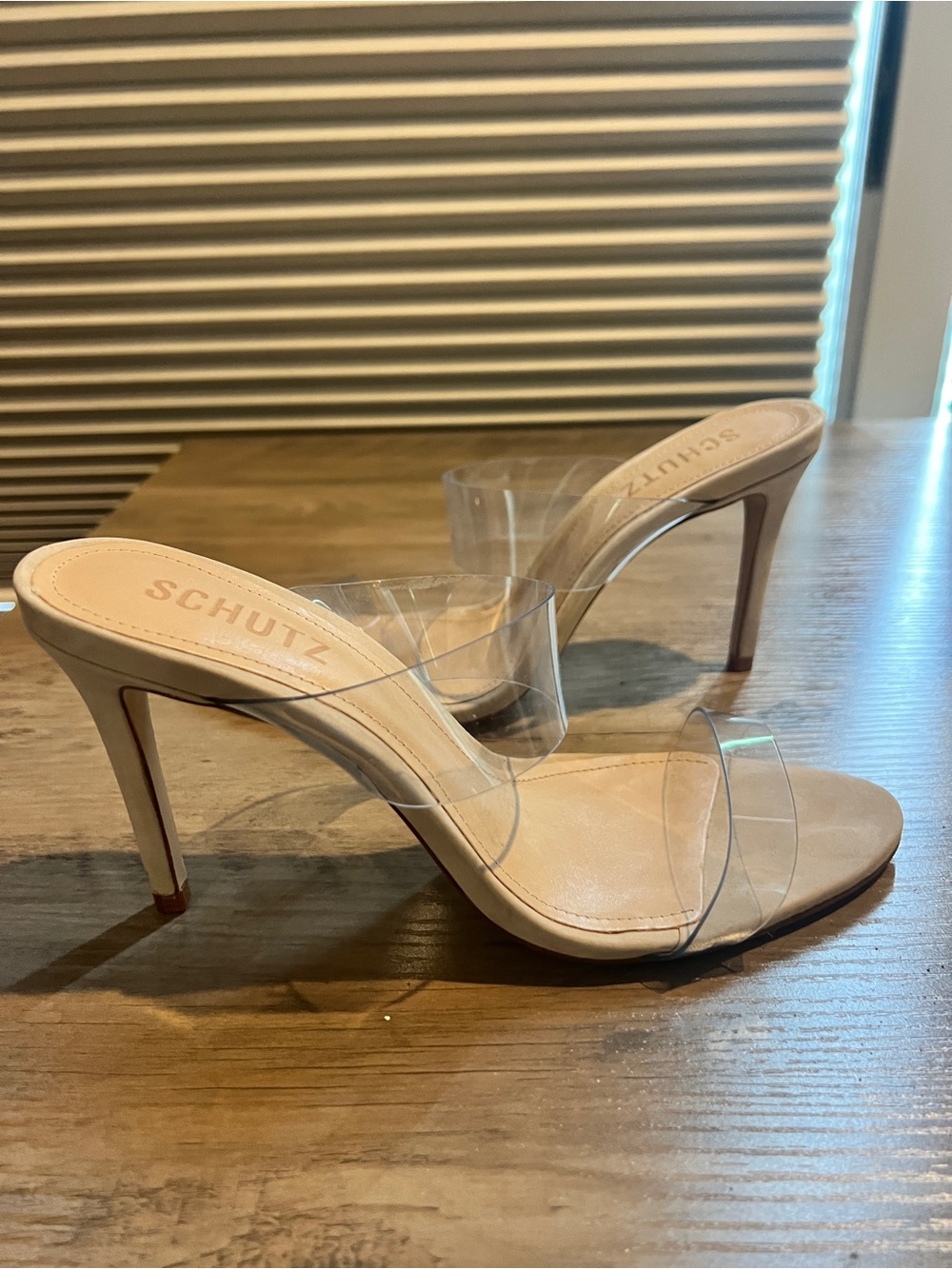 SCHUTZ Arielle Beige Stiletto Sandal in Nude Vinyl 7.5